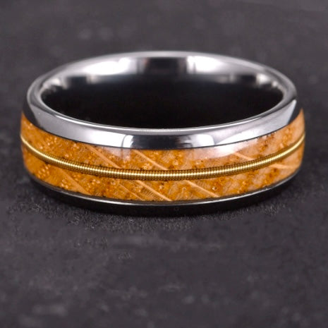 Genuine Whiskey Barrel & Guitar String Inlay/Tungsten Carbide band  Comfort Fit with Polished Finish Fast Shipping One Year Warranty Hand Crafted Easy to Care for These beautiful 8mm rings are shipped directly from our shop here in the USA