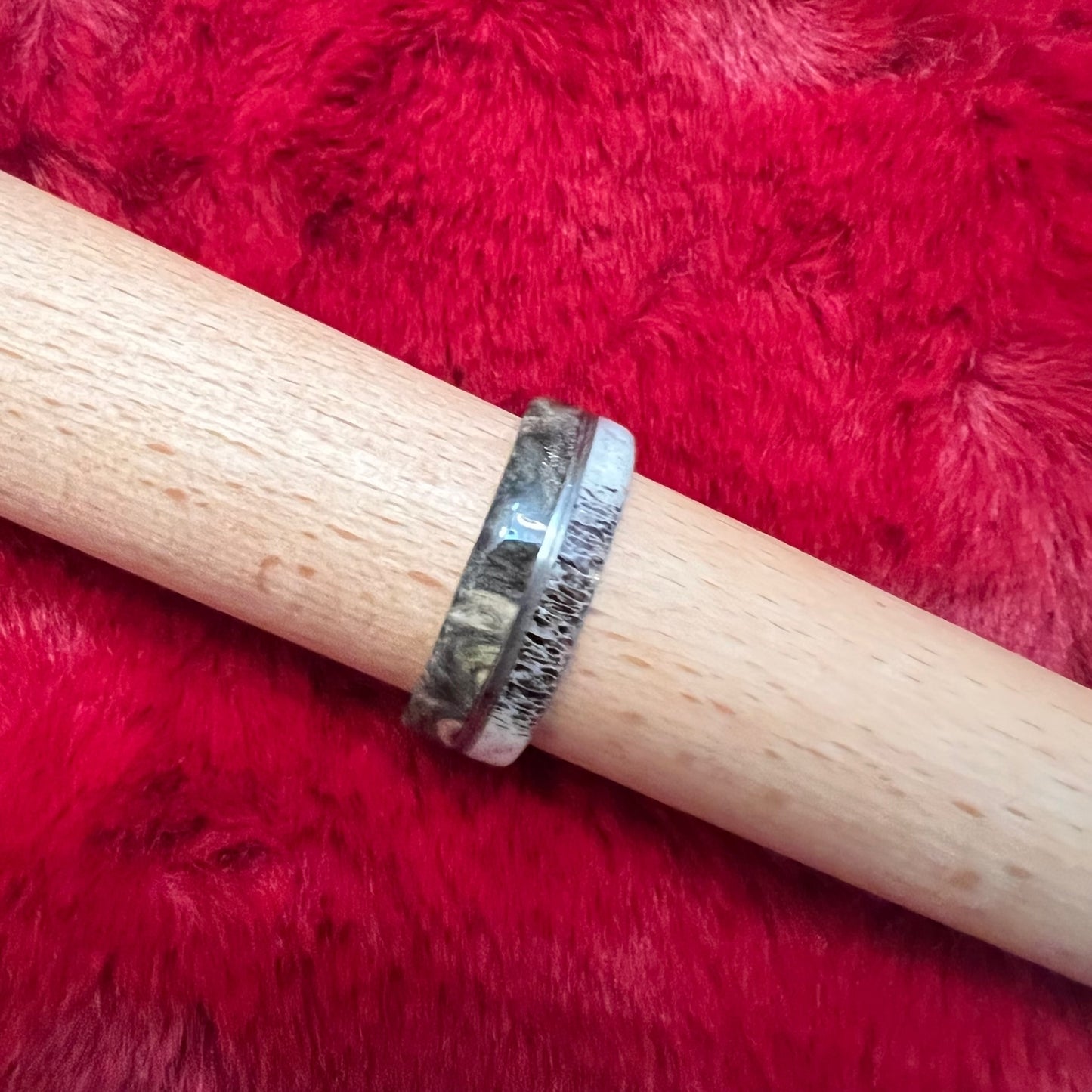 Genuine Stag and Buckeye Burl/ Titanium band  Comfort Fit with Brushed Finish Fast Shipping One Year Warranty Hand Crafted Easy to Care for These beautiful 8mm rings are hand crafted to order and shipped directly from our shop here in the USA